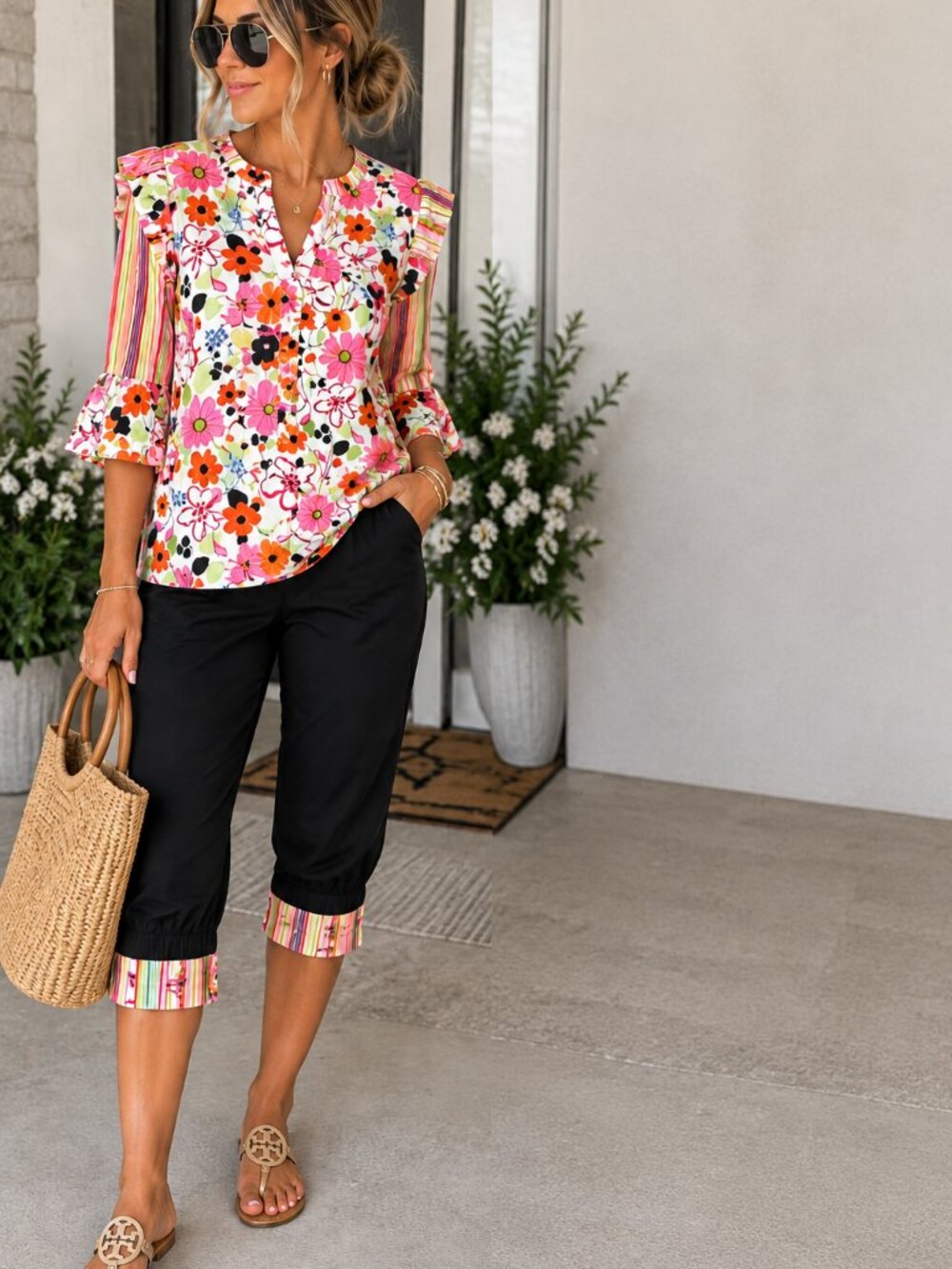 Taylor G Colorful Floral Stripe 2-Piece Jacket & Pants Set Size M